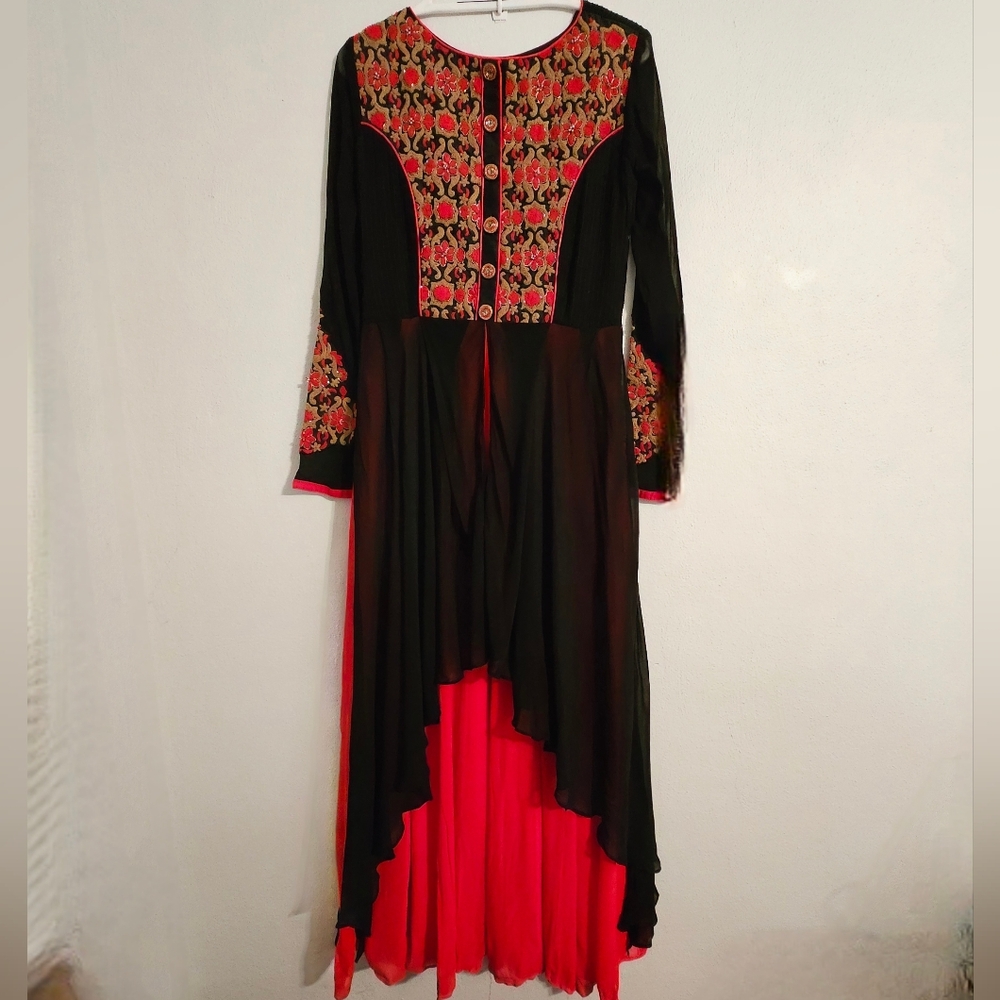 Vanya Anarkali Style Full Length Embroidered Red Black Gold Dress No Size